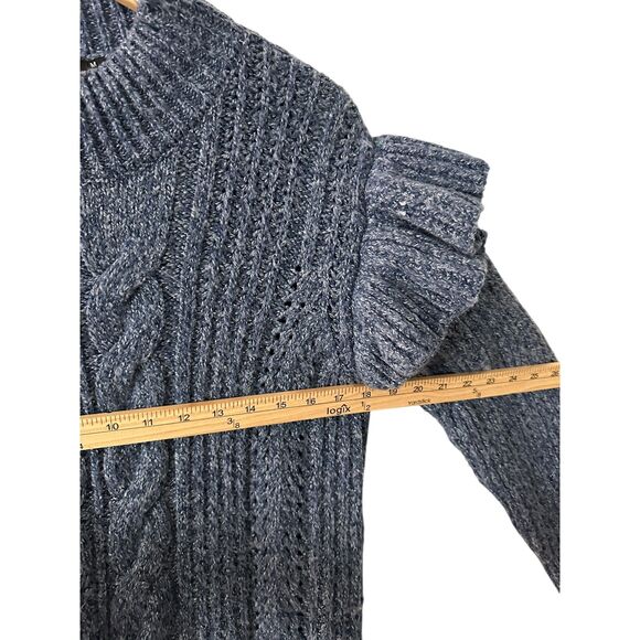 Cliche Blue Polyester Cableknit Mock Neck Sweater with Ruffle Sleeves Size M - Picture 4 of 6